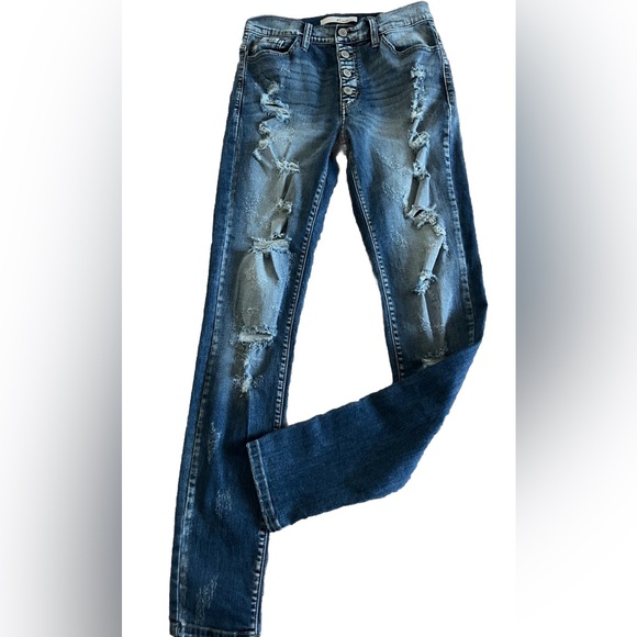 KANCAN Destroyed Medium Wash Skinny Denim Button Fly Jeans Size 9/29  29x31 - Picture 2 of 8